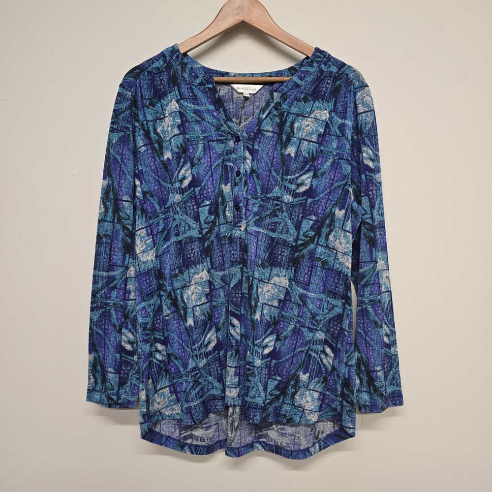 Northern Reflections Henley Blouse Womens L Blue Polyester Spandex Abstract Boho